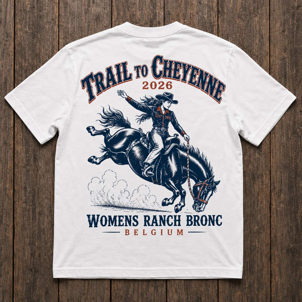 White Trail to Cheyenne 2026 T-shirt with Women’s Ranch Bronc Belgium back print supporting European women’s rodeo.